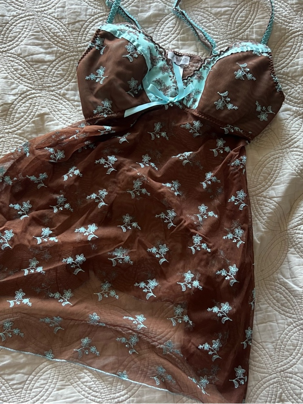 Adore Brown & Aqua Floral Lace Chemise with Bow